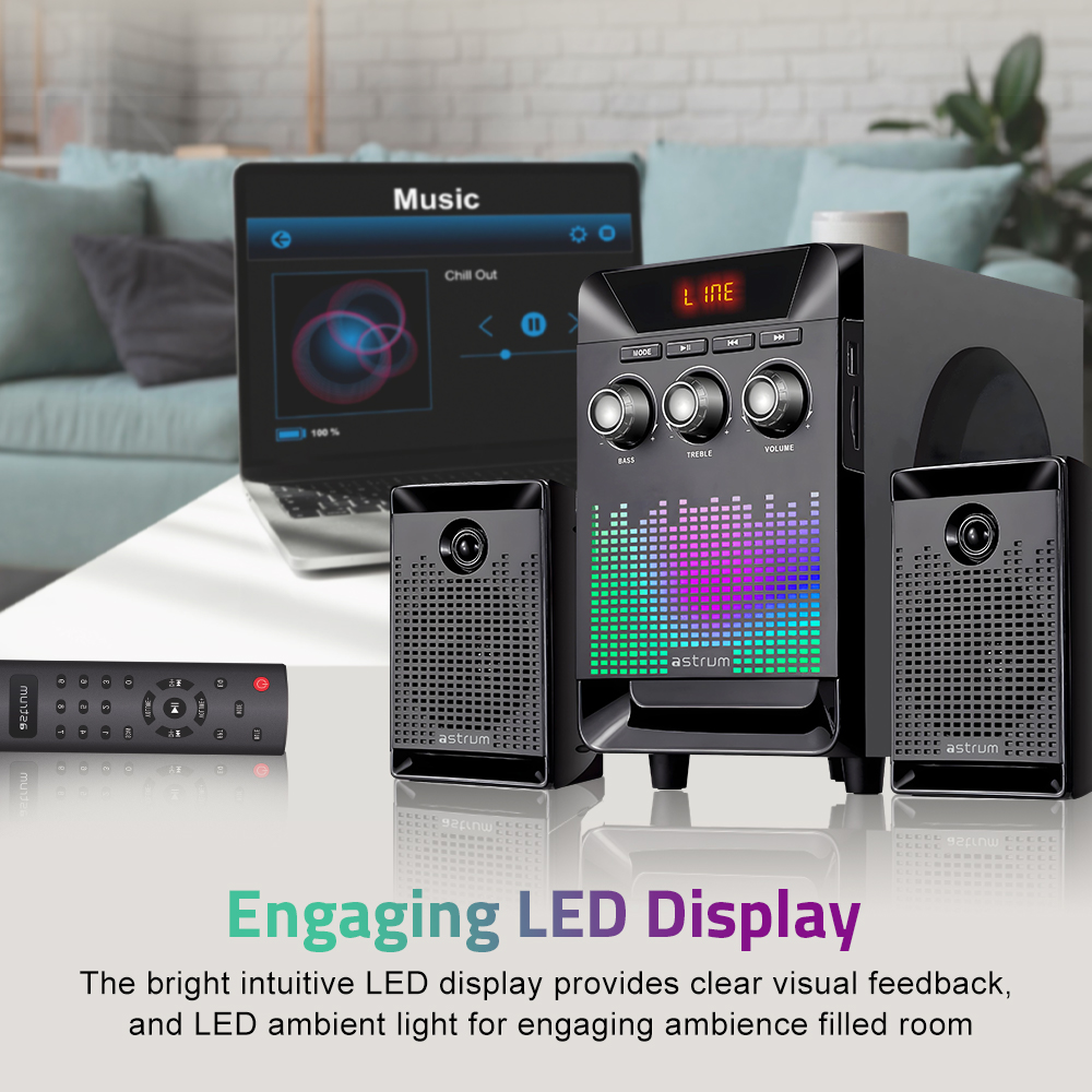 Astrum SM330 2.1CH Multimedia Speaker 35W RMS, Bluetooth 5.0, USB, TF Card, FM Radio, LED Display, Remote Control Black SKU: A13033-B