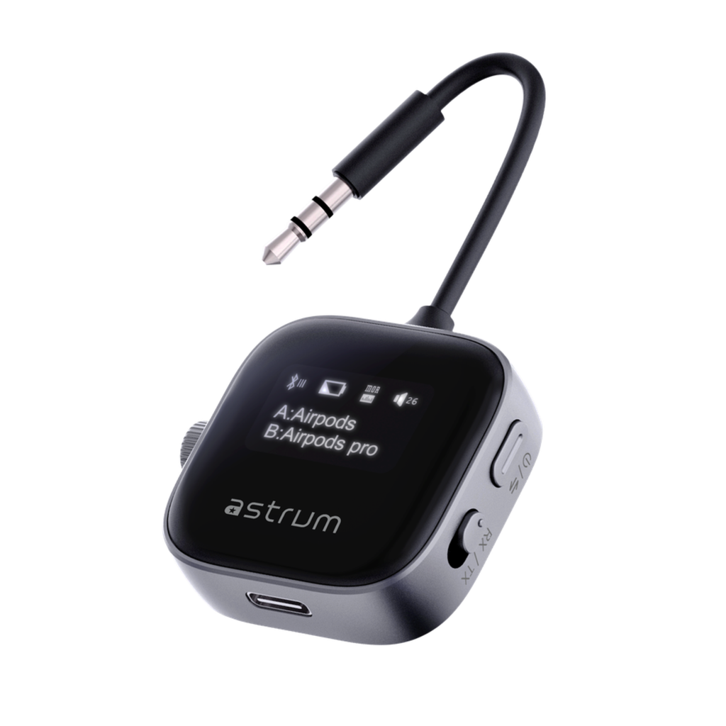 Astrum BT300 Multi Device Bluetooth Audio Transmitter & Receiver V5.3, Dual Pairing, USB-C Fast Charging, AUX/TF, RGB Display SKU: A85030-B