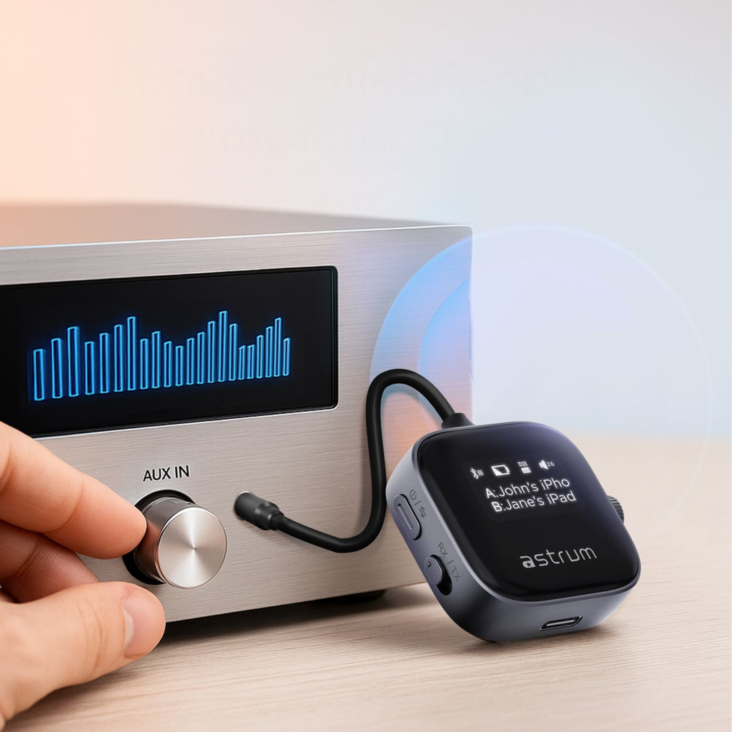 Astrum BT300 Multi Device Bluetooth Audio Transmitter & Receiver V5.3, Dual Pairing, USB-C Fast Charging, AUX/TF, RGB Display SKU: A85030-B