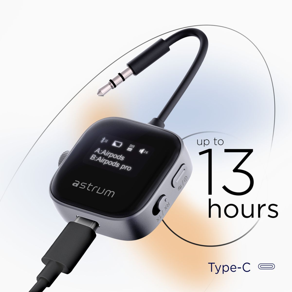 Astrum BT300 Multi Device Bluetooth Audio Transmitter & Receiver V5.3, Dual Pairing, USB-C Fast Charging, AUX/TF, RGB Display SKU: A85030-B