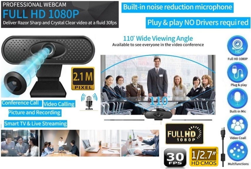 UniQue Fluxstream W32 USB Webcam 1080p, Wide Angle, Built-in Mic