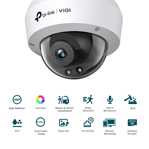 TP-Link VIGI C240 4MP Dome Camera, Full Color Night Vision, Smart Detection, IK10 Vandal Proof