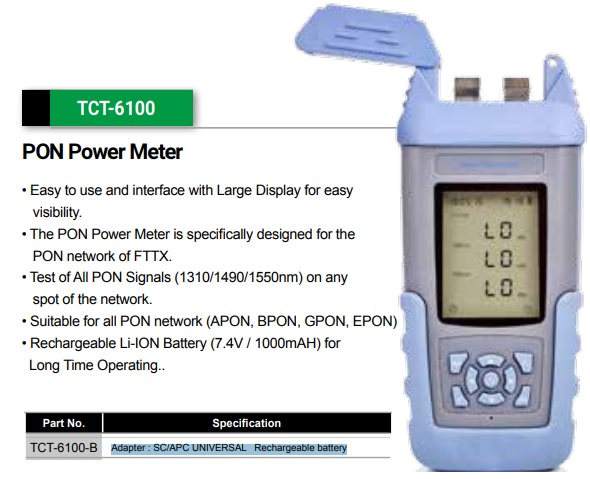 Goldtool TCT-6100-B PON Power Meter, SC/APC Adapter, 10 Hour Battery, FTTX Diagnostics