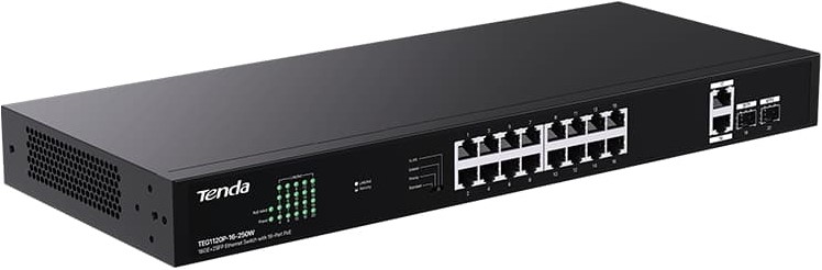 Tenda TEG1120P-16-250W 16 Port PoE+ Gigabit Ethernet Switch with 2 RJ45 + 2 SFP Uplinks, 250W Budget