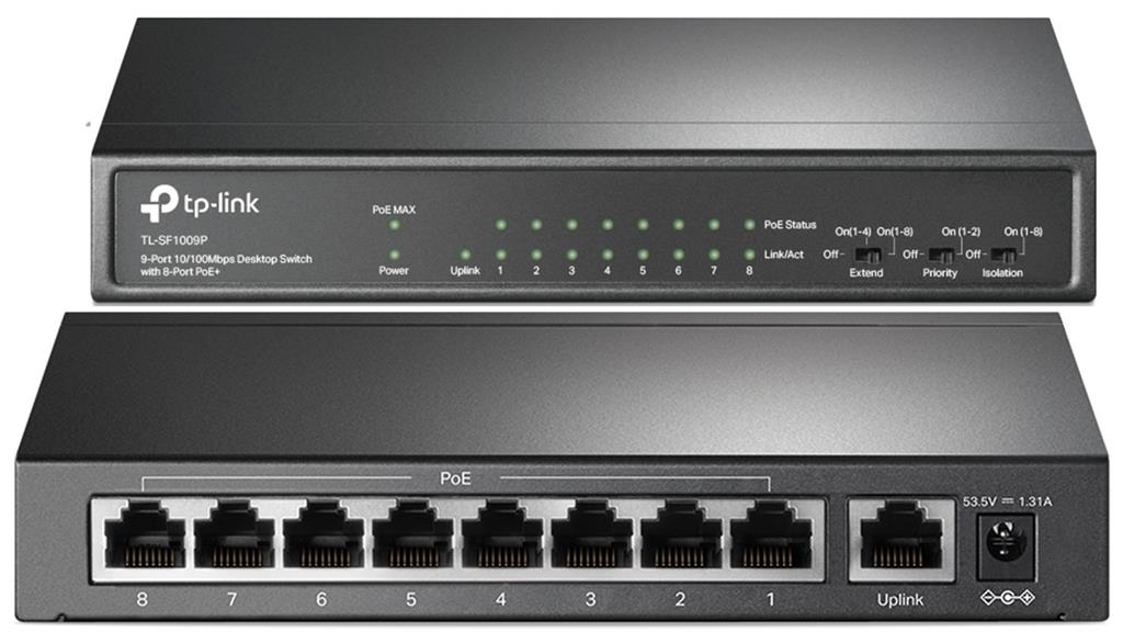 TP-Link TL-SF1009P 9-Port 10/100Mbps Desktop Switch with 8× PoE+, Fanless, Plug & Play