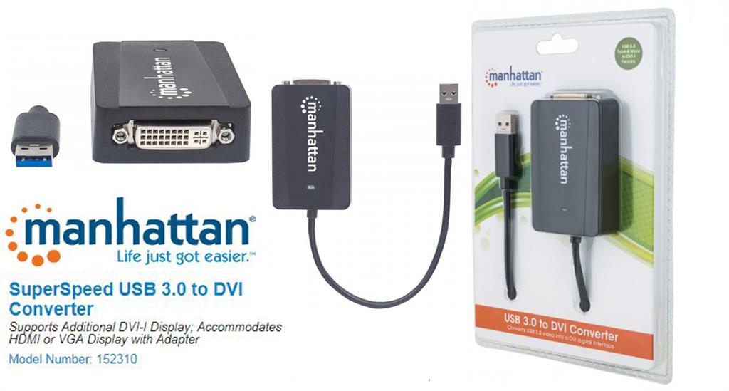 Manhattan USB 3.0 to DVI Converter Add Extra Display, HDMI/VGA Adapter Support SKU: 152310
