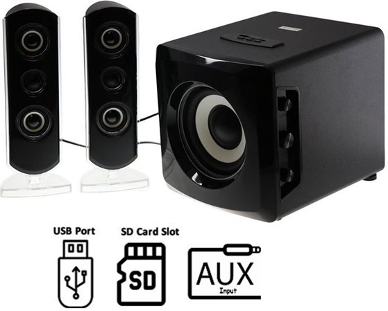 AudioMate 2.1 Stereo Speaker System 30W RMS, Subwoofer Satellites, USB/SD/AUX, Blue LED SKU: SP3000U