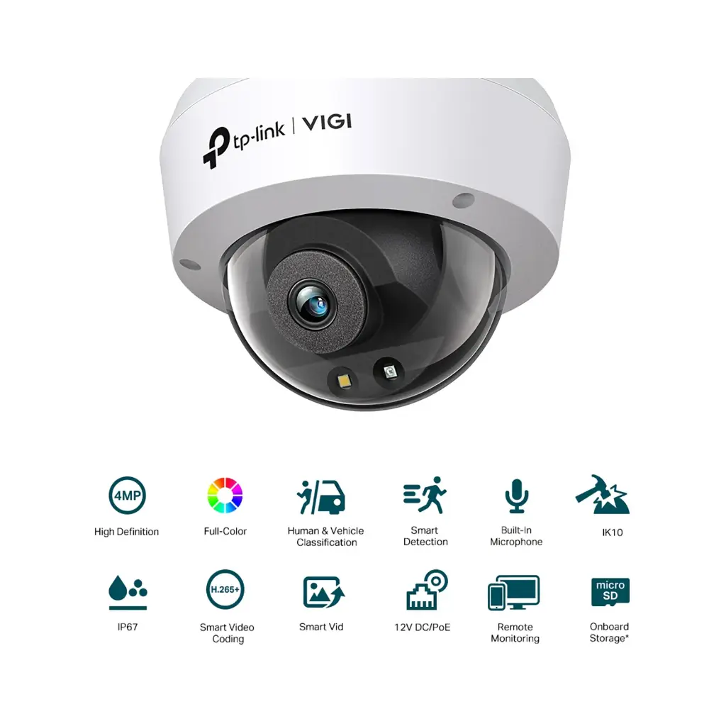 TP-Link VIGI C240 4 MP Full-Color Dome Camera – 24 h Color, AI Detect, IK10, IP67, PoE