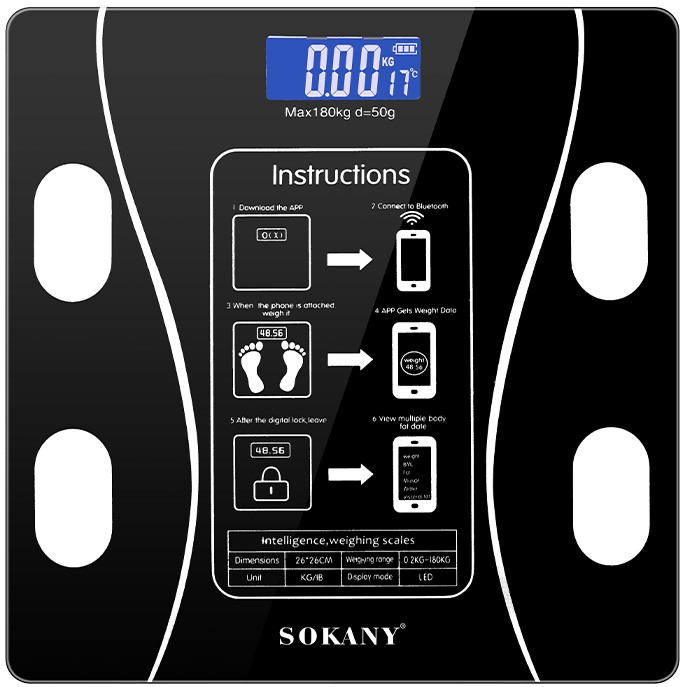 Sokany CSY-SK19019BLK 180 kg Bluetooth Scale 0.1 kg Accuracy, Tempered-Glass, OKOK App