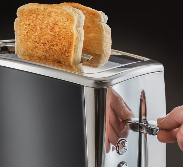 Russell Hobbs Luna Grey 2-Slice Toaster 1550 W, Lift-&-Look, Extra-Wide Slots, Bun Rack, 1 yr