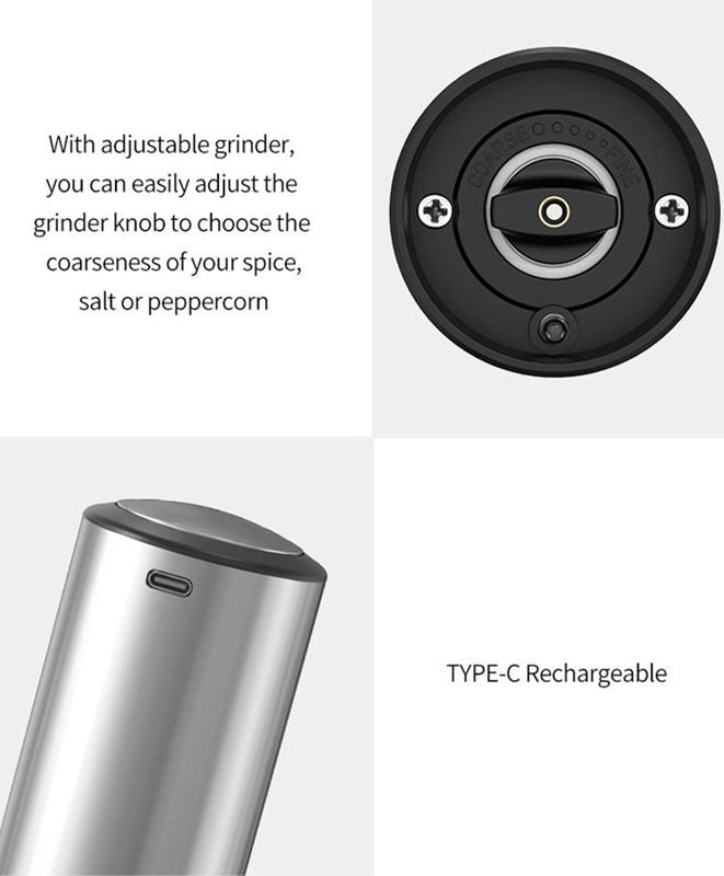 Feelive FSSSPG USB Salt & Pepper Grinders 95 ml, LED, Adjustable, SS Stand, 6 m WR