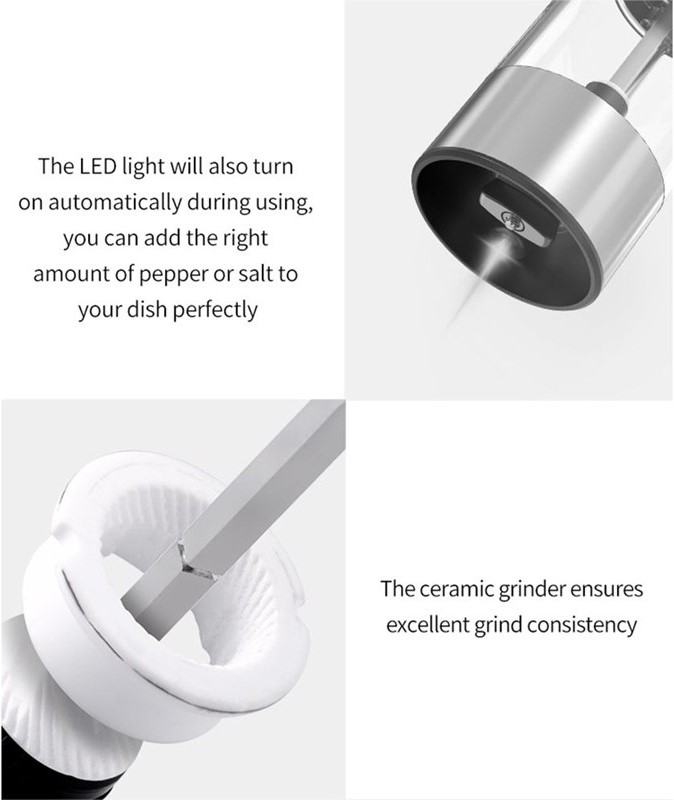 Feelive FSSSPG USB Salt & Pepper Grinders 95 ml, LED, Adjustable, SS Stand, 6 m WR