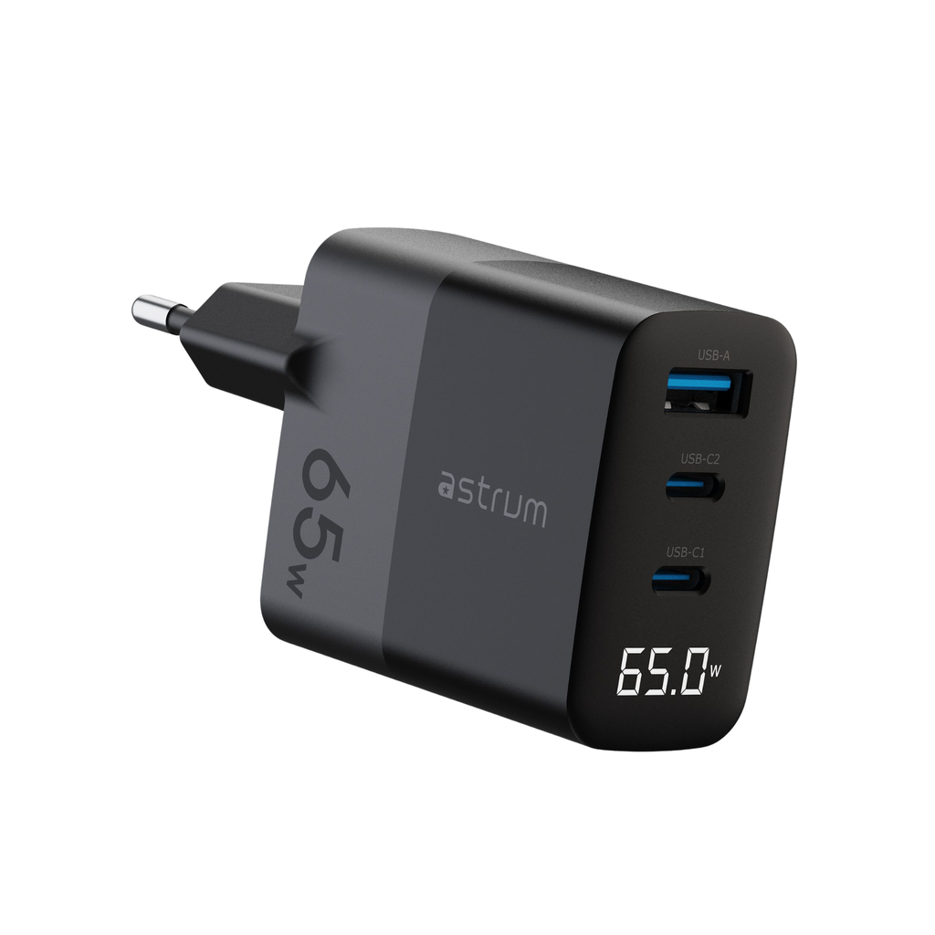 Astrum WATZ65G 65W PD Wall Charger 1A2C LCD Black 24m