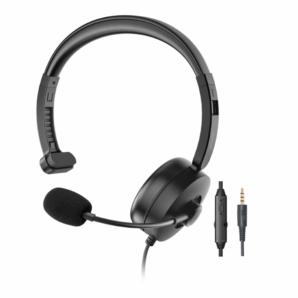 Astrum HS610 Single Sided Wired Headset 3.5mm AUX, 270° Rotating Boom Mic, In Line Controls, Lightweight Design Black SKU: A12061-B