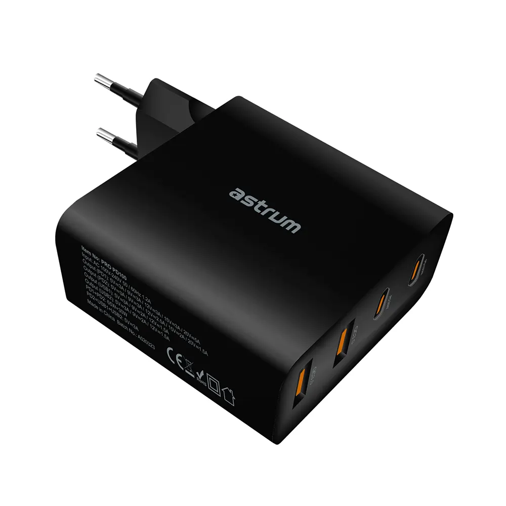 Astrum Pro PD100 100W USB‑C PD + Dual USB‑A Wall Charger Black 24m