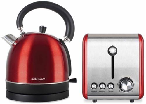 Mellerware 46042RD Red 2-Slice Toaster & 1.7 L Kettle – SS, 1000 W / 1850 W, Cool-Touch