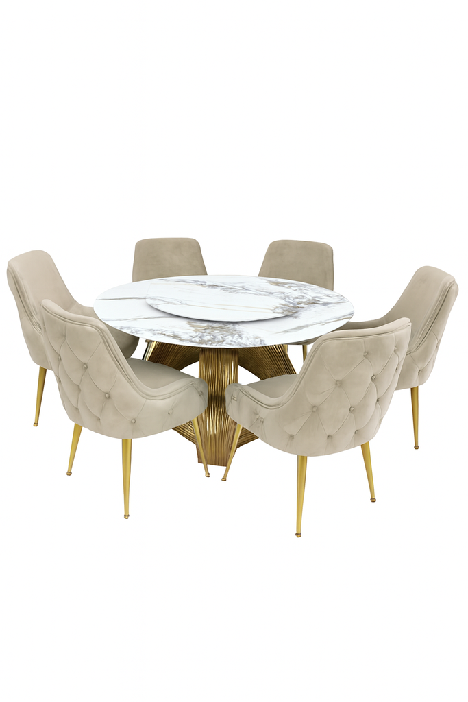 7-Piece Dining Set - Walnut Table + 6 Faux Leather Chairs