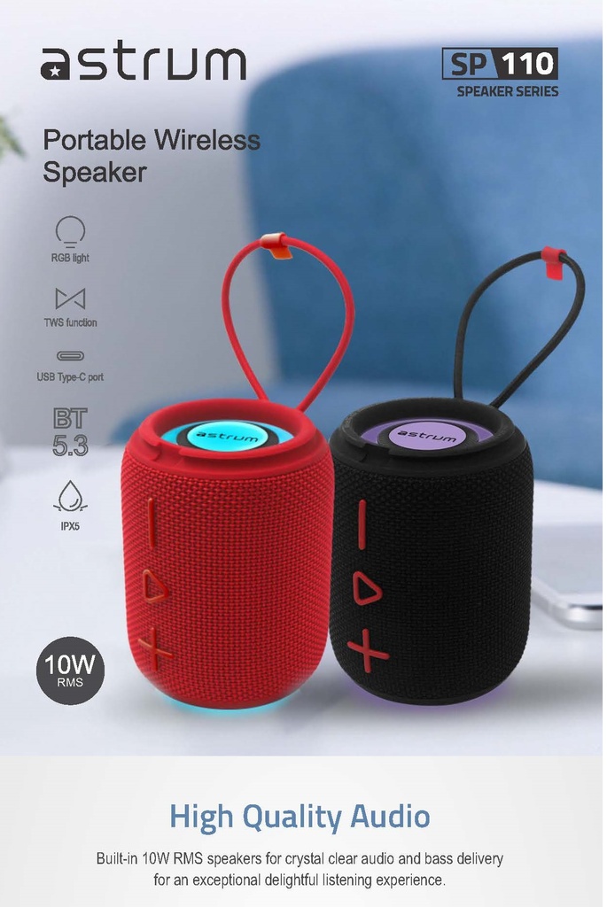 Astrum SP110 Portable Bluetooth Speaker – 10W RMS, BT5.3, TWS Stereo, TF/USB/FM/AUX, RGB Light, IPX5 – Black – SKU: A14511-B