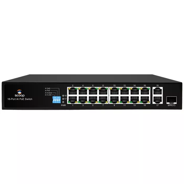 Scoop SPS‑16F2GS 16‑Port Fast Ethernet PoE Switch