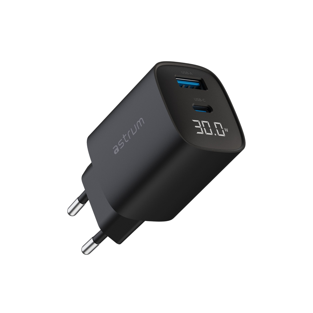 Astrum WATZ30L 30W PD USB‑C Wall Charger LCD Black 24m
