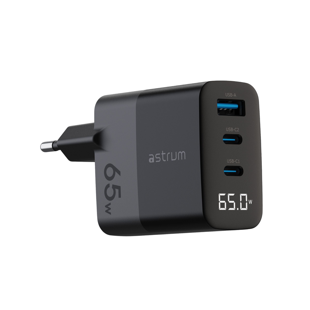 Astrum WATZ65G 65W PD Wall Charger 1A2C LCD Black 24m