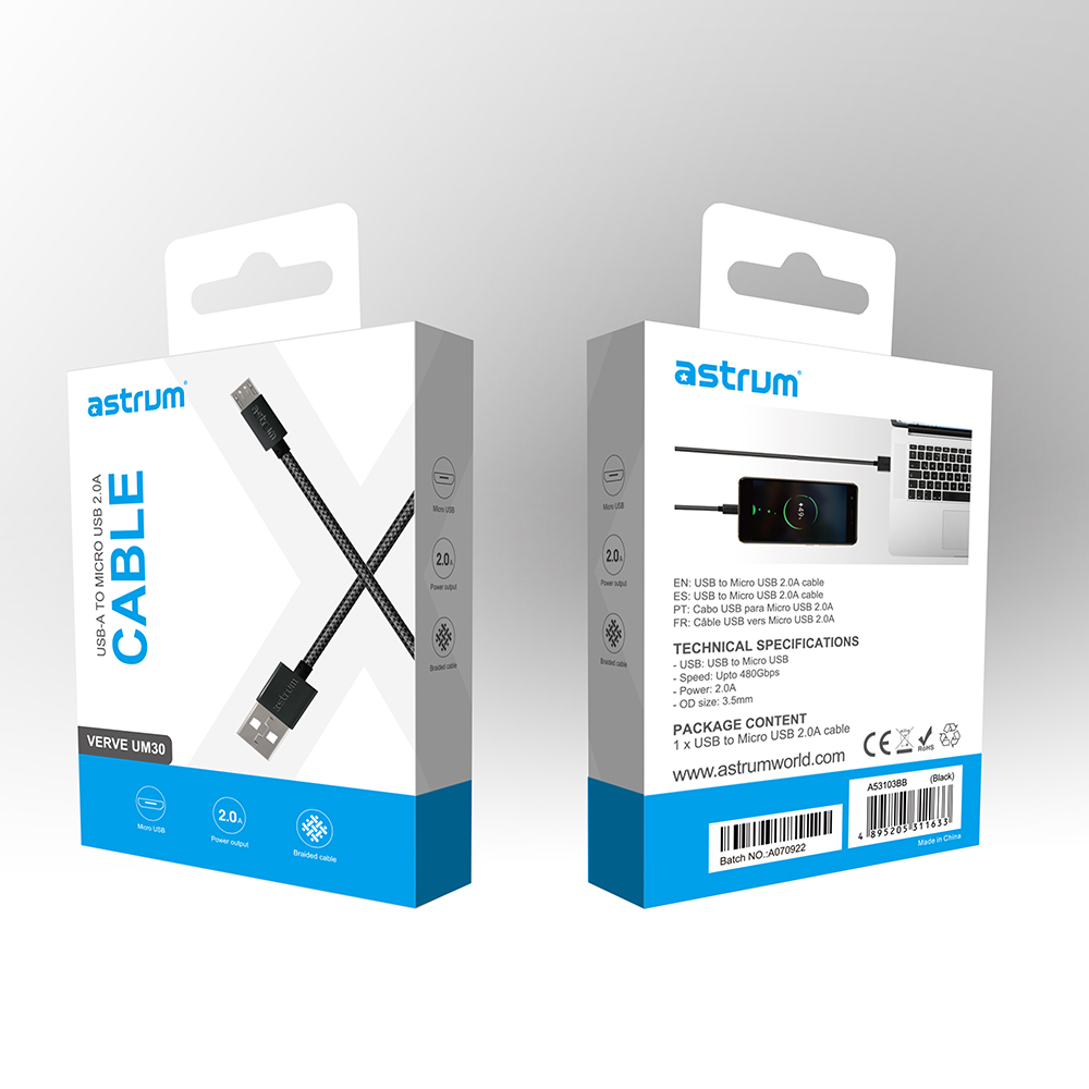 Verve UM30 Micro USB Cable 1.0m 2A Fast Braided Black 24m