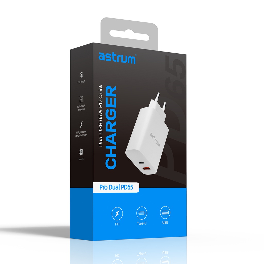 Astrum Pro Dual PD65 65W USB‑C PD Wall Charger White 24m