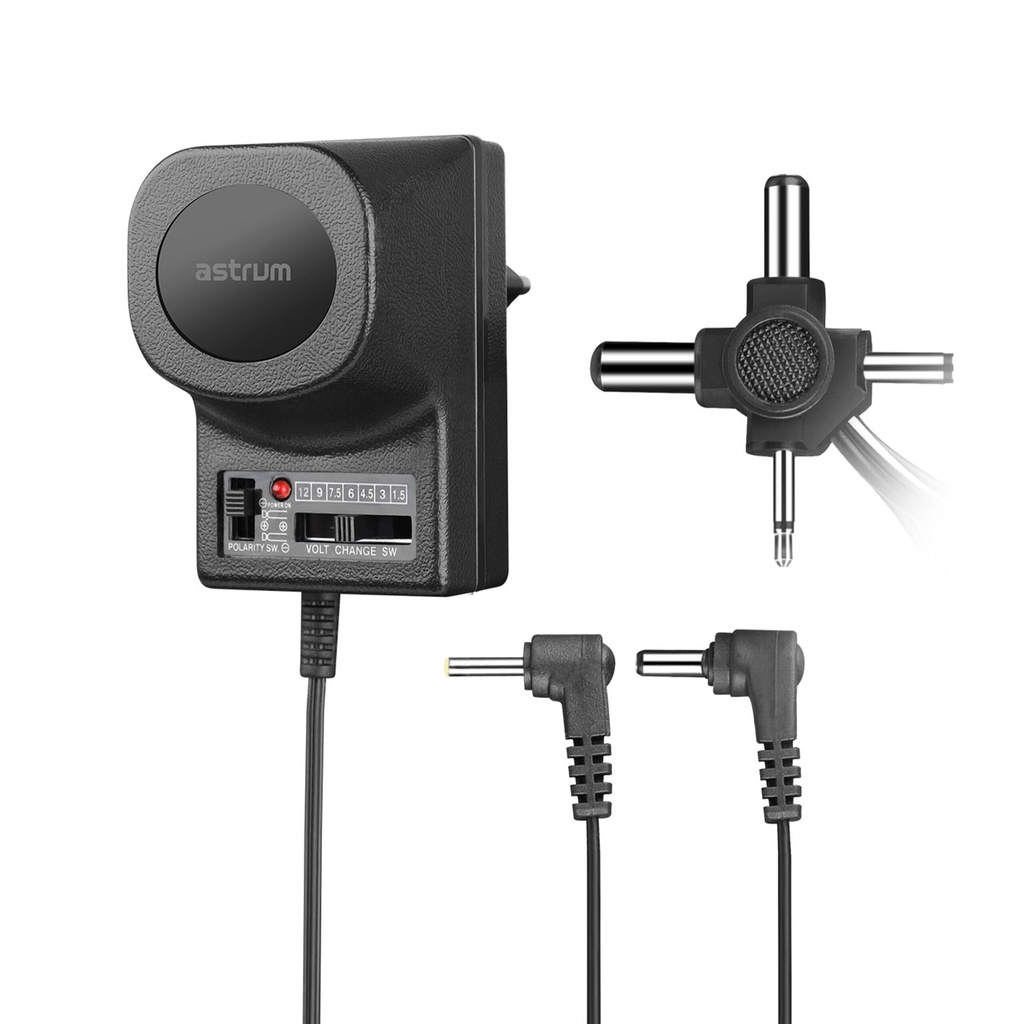 Astrum AD050 Universal AC-DC Adapter 6W, Adjustable 1.5V–12V Output, 6 Interchangeable Plugs Black SKU: A92605-B