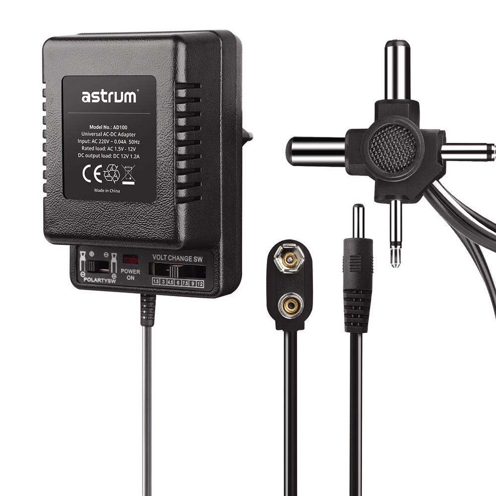 Astrum AD100 Universal AC-DC Adapter 15W, Adjustable 3–12V Output, 6 Interchangeable Plugs Black SKU: A92610-B