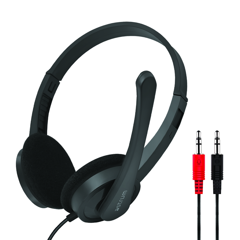 Astrum HS240 On Ear Wired Headset 40mm Drivers, Boom Mic, Dual 3.5mm AUX, Lightweight Design Black SKU: A12024-B