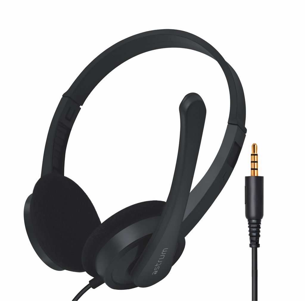 Astrum HS600 Over Ear Wired Headset 40mm Drivers, Boom Mic, Single 3.5mm AUX, Lightweight Design Black SKU: A12060-B