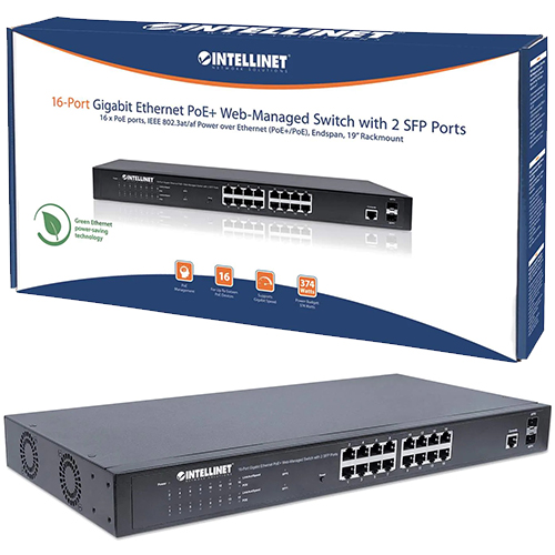 Intellinet 16 Port Gigabit PoE+ Managed Switch 374W, 2 SFP, Rackmount