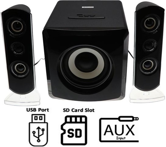 AudioMate 2.1 Stereo Speaker System 30W RMS, Subwoofer Satellites, USB/SD/AUX, Blue LED SKU: SP3000U