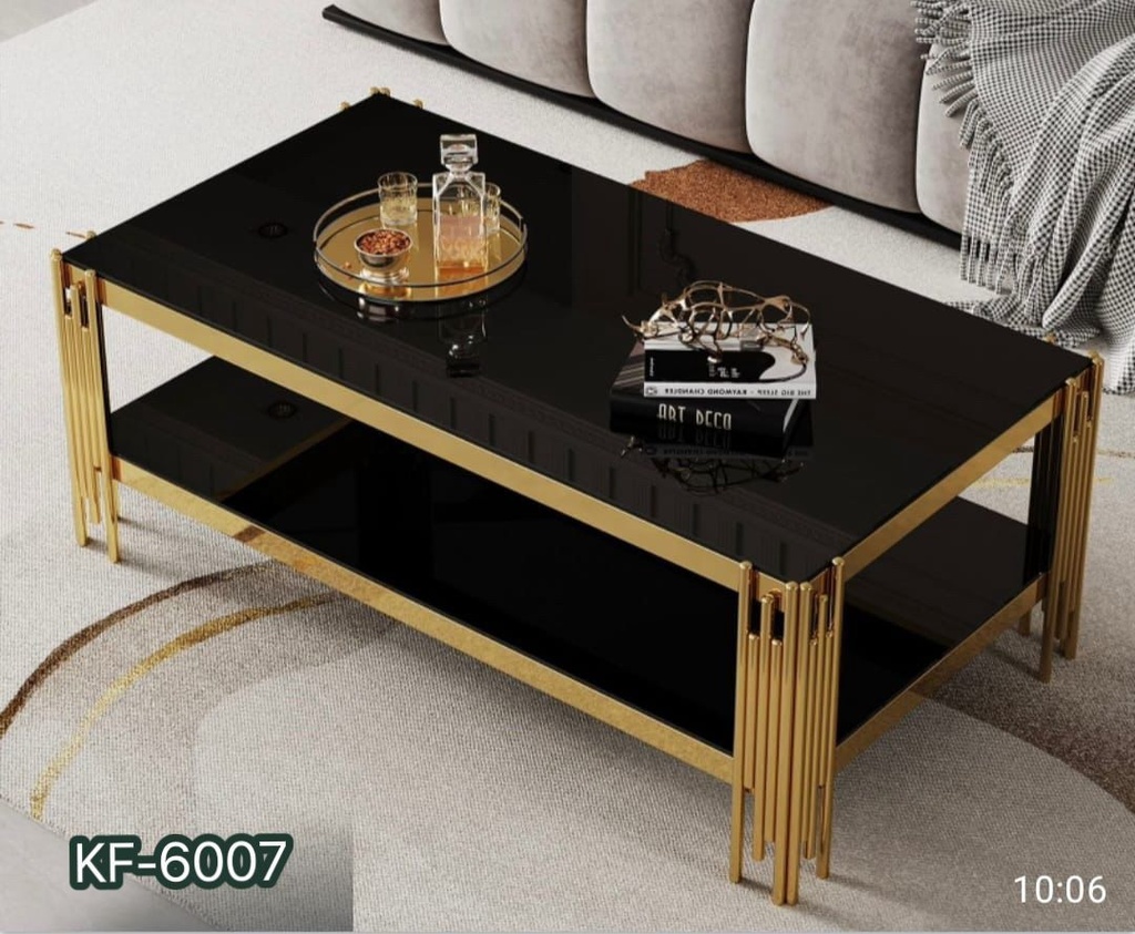KF-6007 Gloss Black Coffee Table - Gold Frame, Dual Shelf