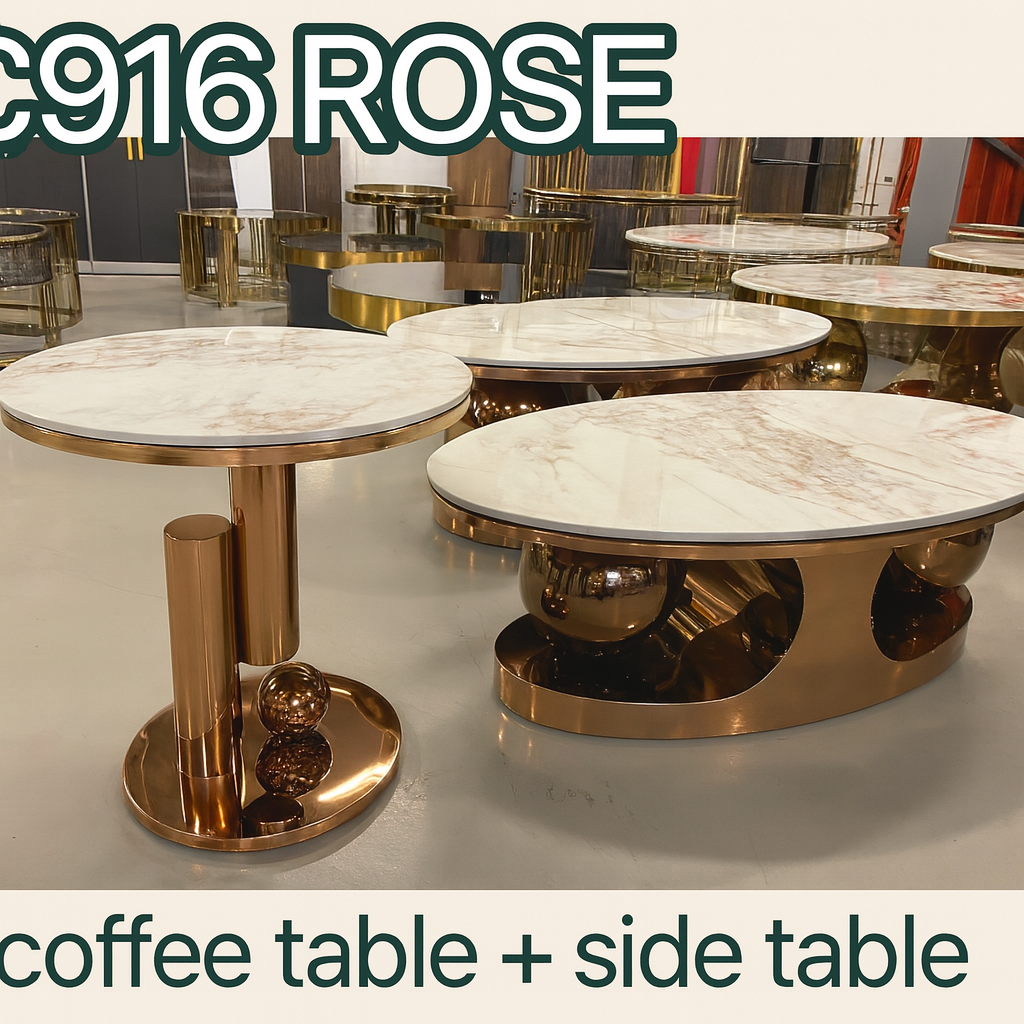 C916 Rose Gold – Marble-Top Coffee Table + Side Table Set