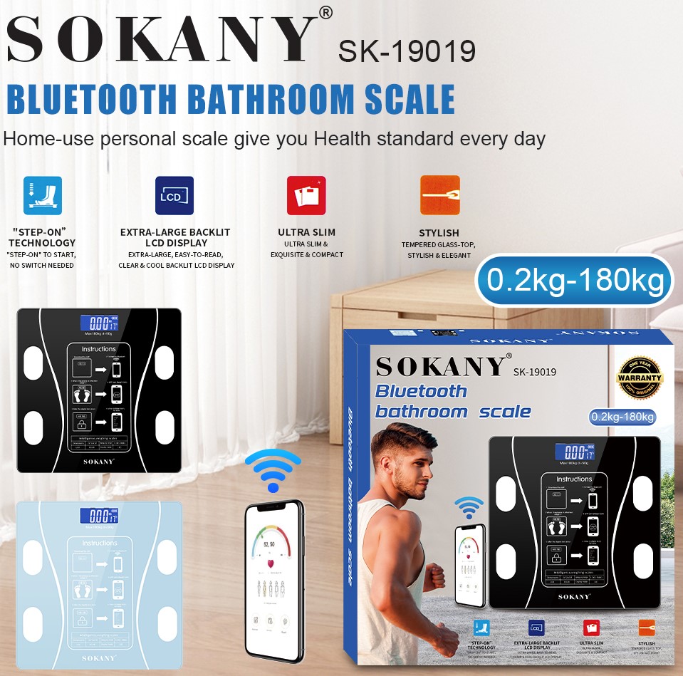 Sokany CSY-SK19019BLK 180 kg Bluetooth Scale 0.1 kg Accuracy, Tempered-Glass, OKOK App