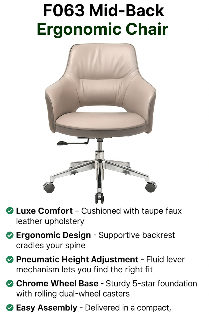 F063 Mid-Back Ergonomic Office Chair - Taupe Faux Leather with Chrome Base