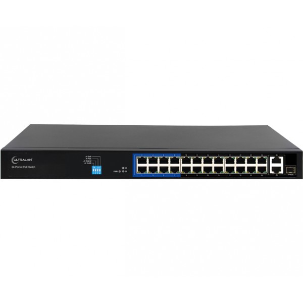 UltraLAN SF1026PG 24×FE AI PoE 250W 2×GbE 1×SFP 250m CCTV Switch