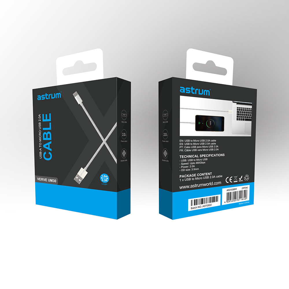 Verve UM30 Micro USB Cable 1.0m 2A Fast Braided White 24m