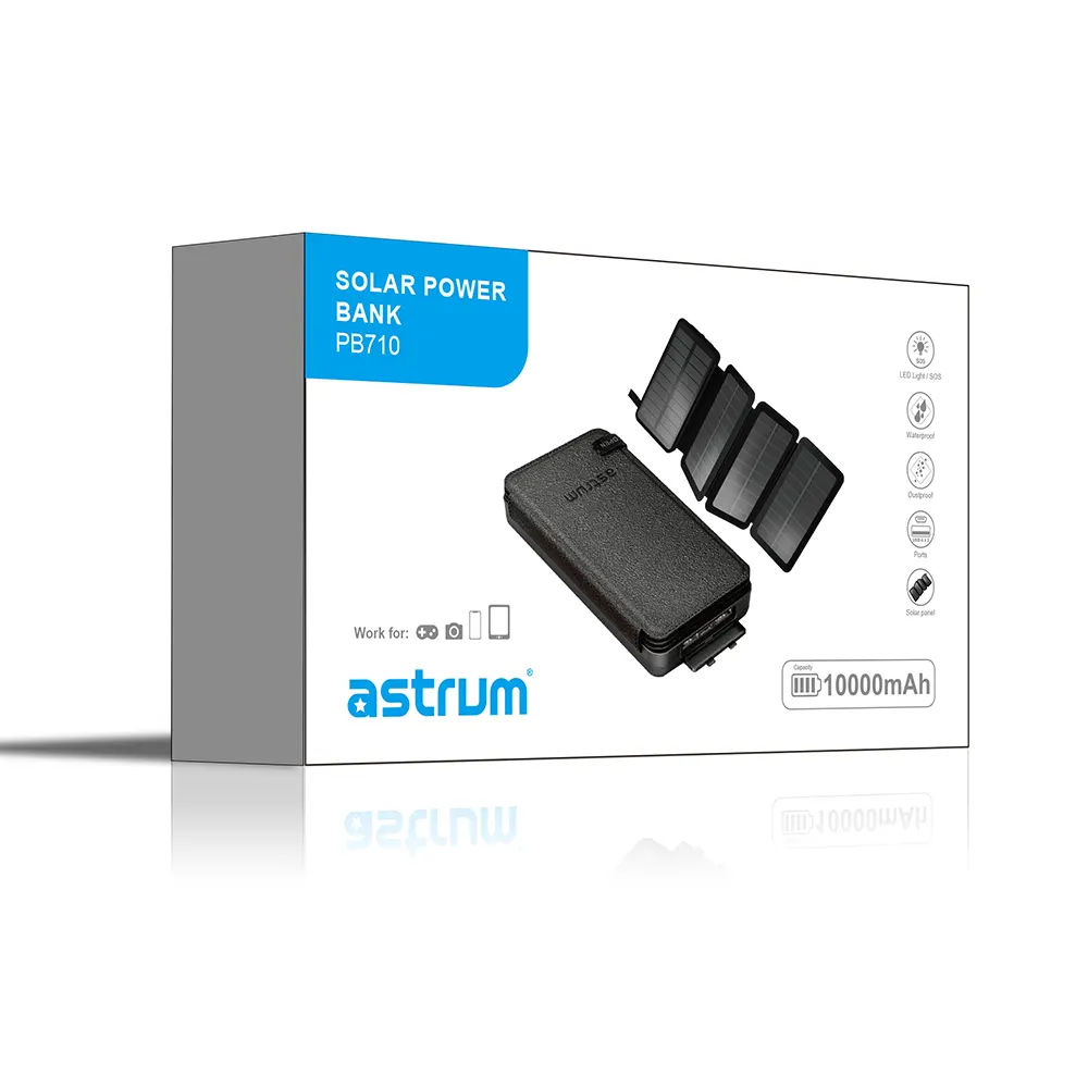 Astrum PB710 10000mAh Solar Power Bank 4‑Panel Rugged