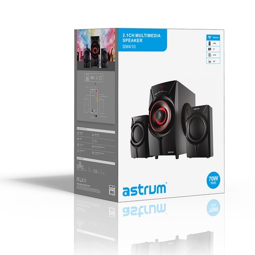 Astrum SM410 2.1CH Wireless Multimedia Speaker 70W RMS, Bluetooth, USB, TF Card, FM, LED Light, Remote Control Black SKU: A13041-B