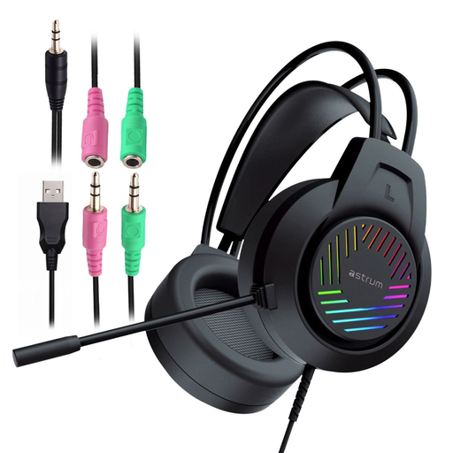 Astrum HG100 Wired Gaming Headset 50mm Drivers, Boom Mic, Dual 3.5mm AUX, USB LED Lighting, Adjustable Fit Black SKU: A12110-B