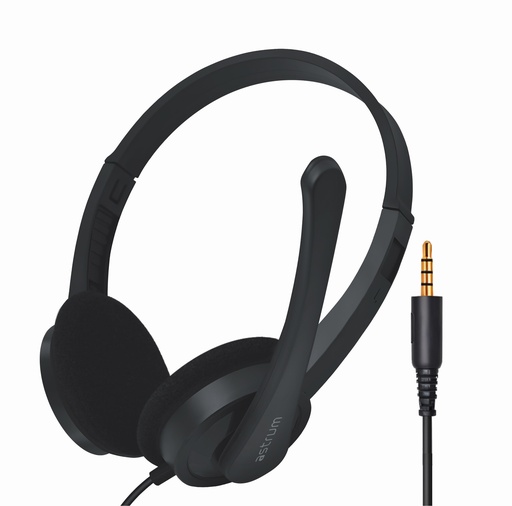 Astrum HS600 Over Ear Wired Headset 40mm Drivers, Boom Mic, Single 3.5mm AUX, Lightweight Design Black SKU: A12060-B