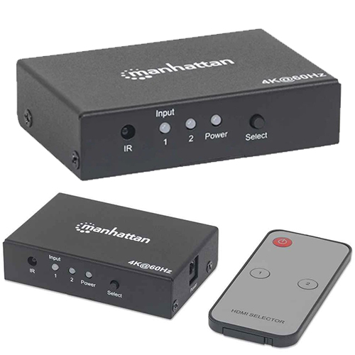 Manhattan 4K 2 Port HDMI Switch Auto/Manual/Remote Switching, 60Hz UHD, AC Powered SKU: 207867