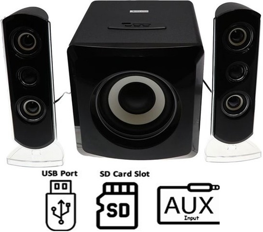 AudioMate 2.1 Stereo Speaker System 30W RMS, Subwoofer Satellites, USB/SD/AUX, Blue LED SKU: SP3000U
