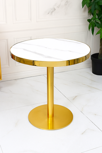 25-60Y Round Marble Bistro Table - Gold Base, Gloss Finish