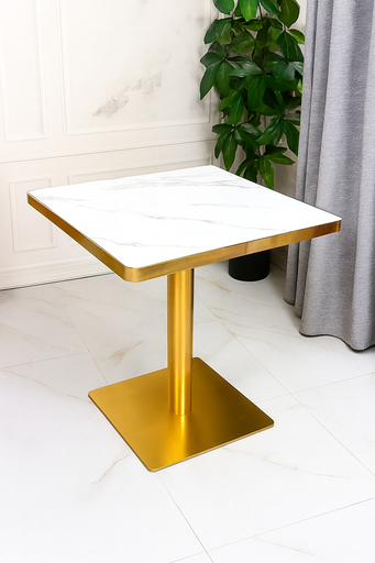 25-60F Square Marble Bistro Table – Gold Base, Gloss Finish