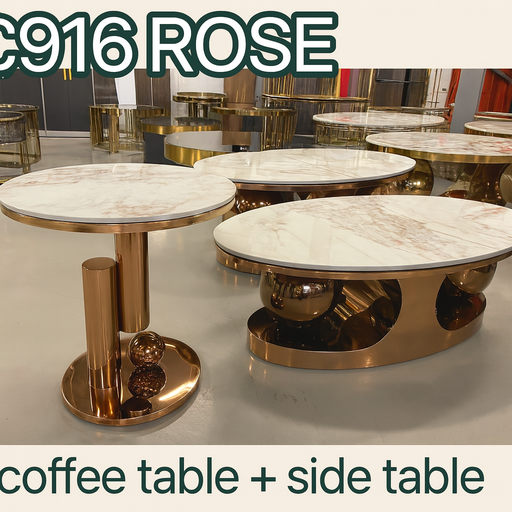 C916 Rose Gold – Marble-Top Coffee Table + Side Table Set
