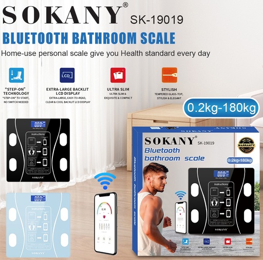 Sokany CSY-SK19019BLK 180 kg Bluetooth Scale 0.1 kg Accuracy, Tempered-Glass, OKOK App