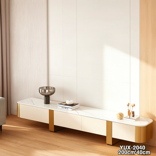 YUX-2040 White & Gold TV Stand - Modern Marble-Look Console Unit